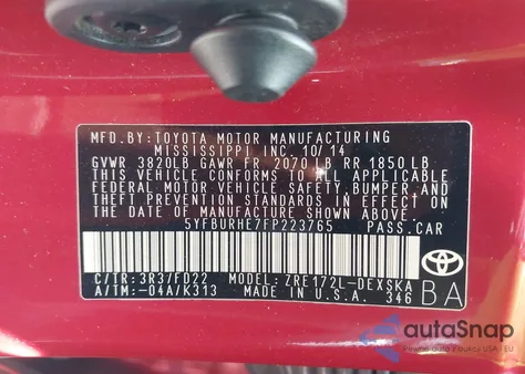 2015 Toyota Corolla S Plus from USA, damaged, VIN 5YFBURHE7FP223765